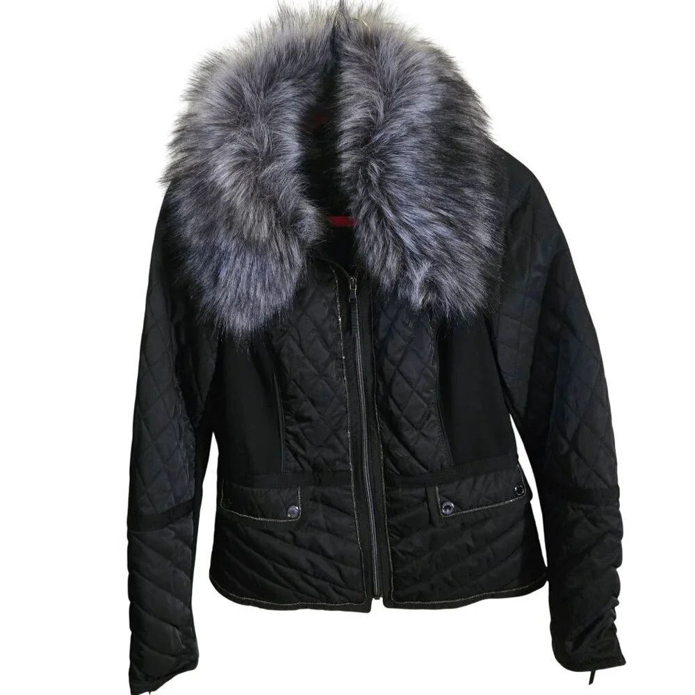 White House Black Market Gorgeous Quilted Faux Fur Collar Jacket Size S